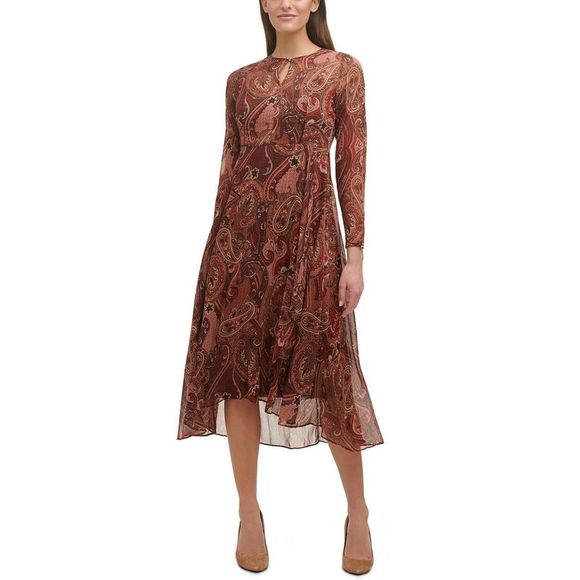 A-Line Glitter Satin Tea-Length Long Sleeves Mother of the Bride & Groom Dresses with Notched Lapel Neck